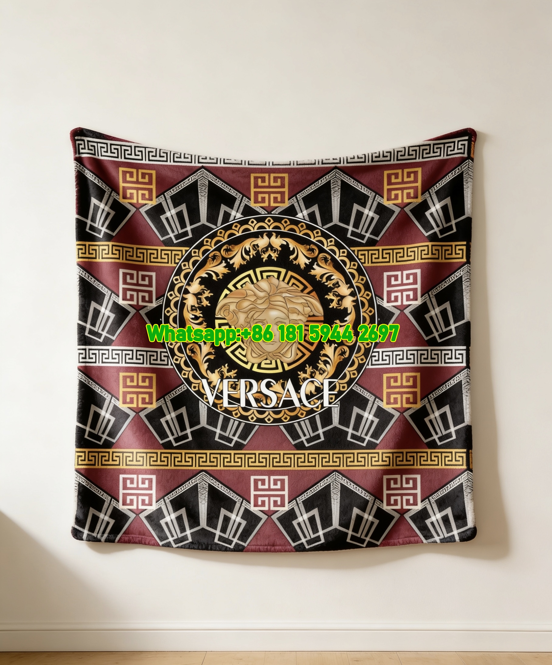 Versace Burgundy Black and Gold Medusa Greek Key Flannel Throw Blanket IMG_1496